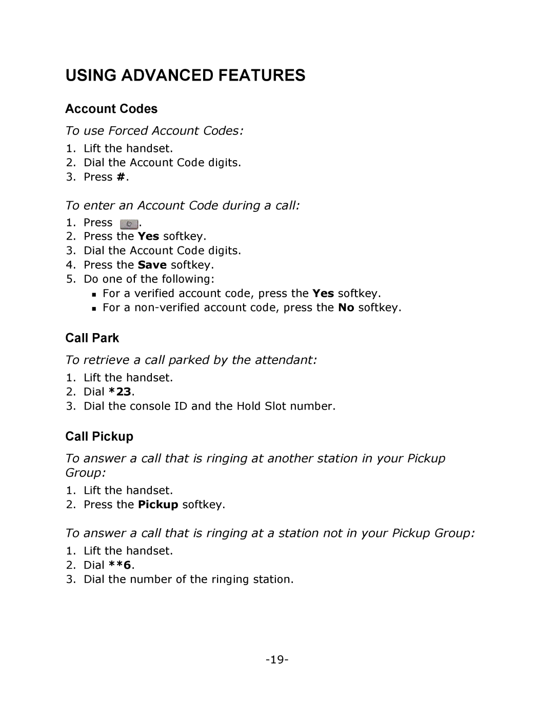 Mitel T7316 manual Using Advanced Features, Account Codes, Call Park, Call Pickup 