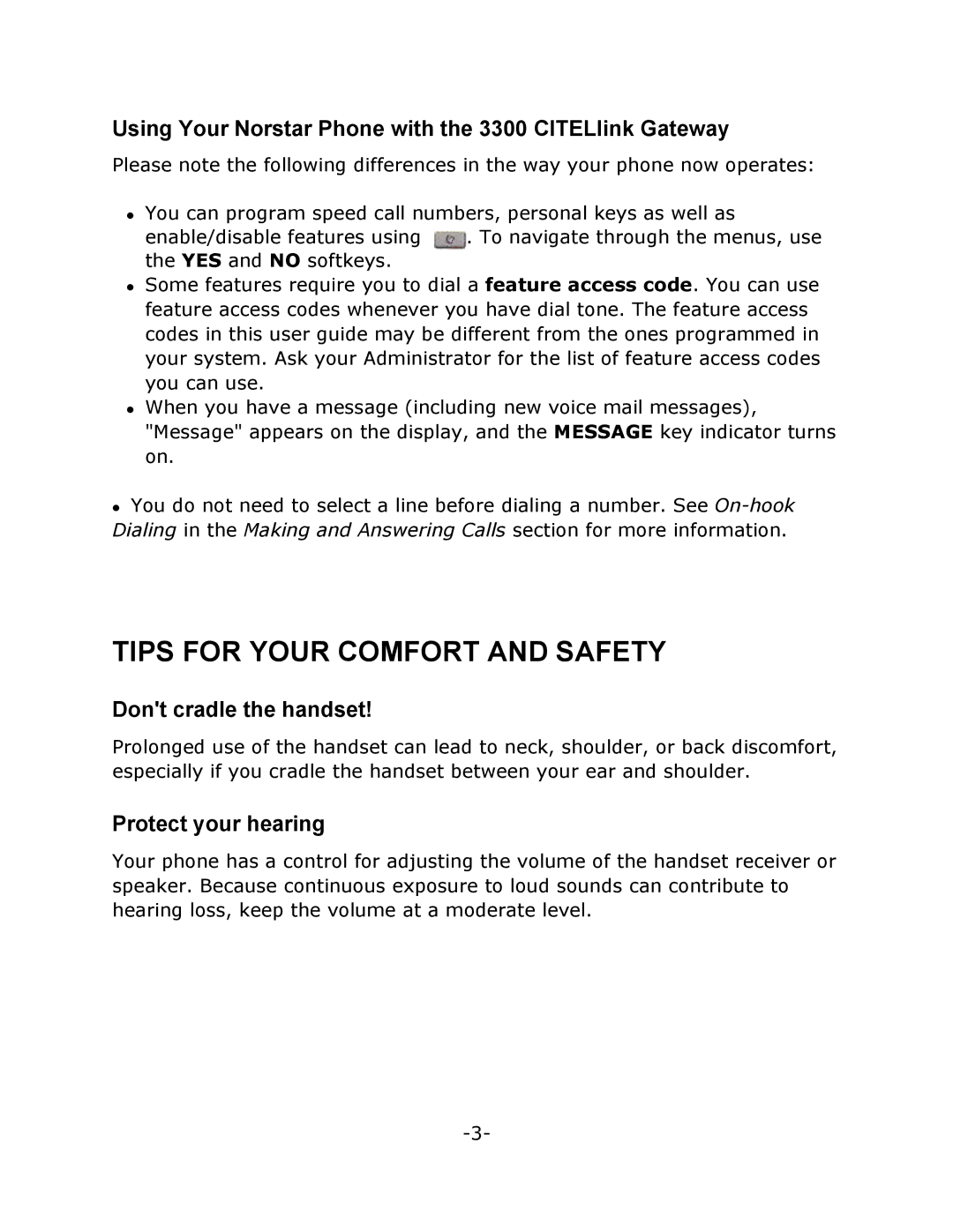 Mitel T7316 manual Tips for Your Comfort and Safety, Using Your Norstar Phone with the 3300 CITELlink Gateway 