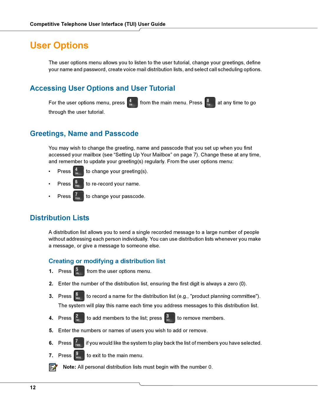 Mitel TUI manual Accessing User Options and User Tutorial, Greetings, Name and Passcode, Distribution Lists 