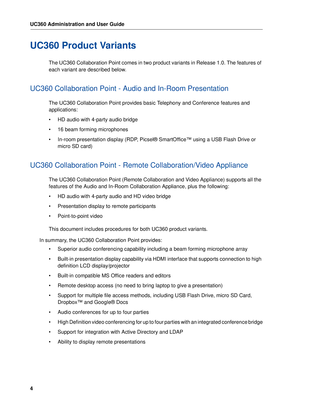 Mitel manual UC360 Product Variants, UC360 Collaboration Point Audio and In-Room Presentation 