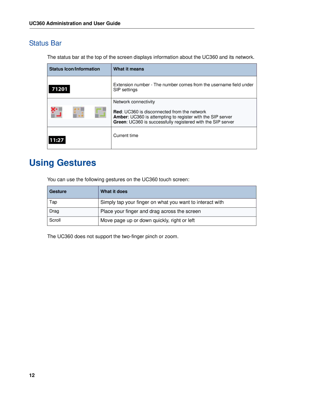 Mitel UC360 manual Using Gestures, Status Bar 