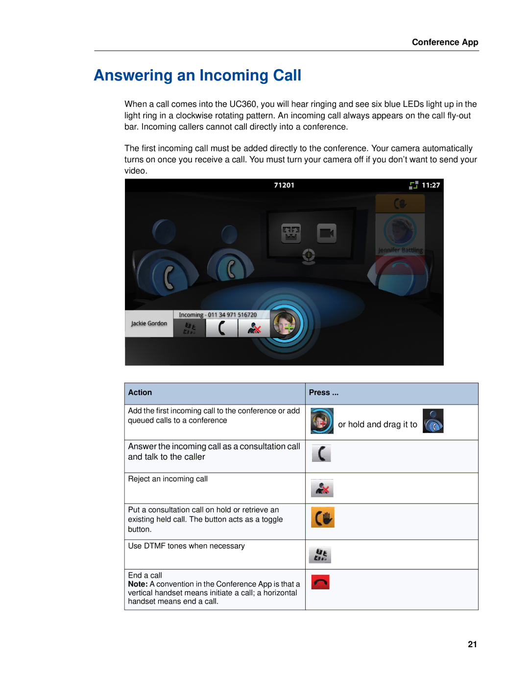 Mitel UC360 manual Answering an Incoming Call 