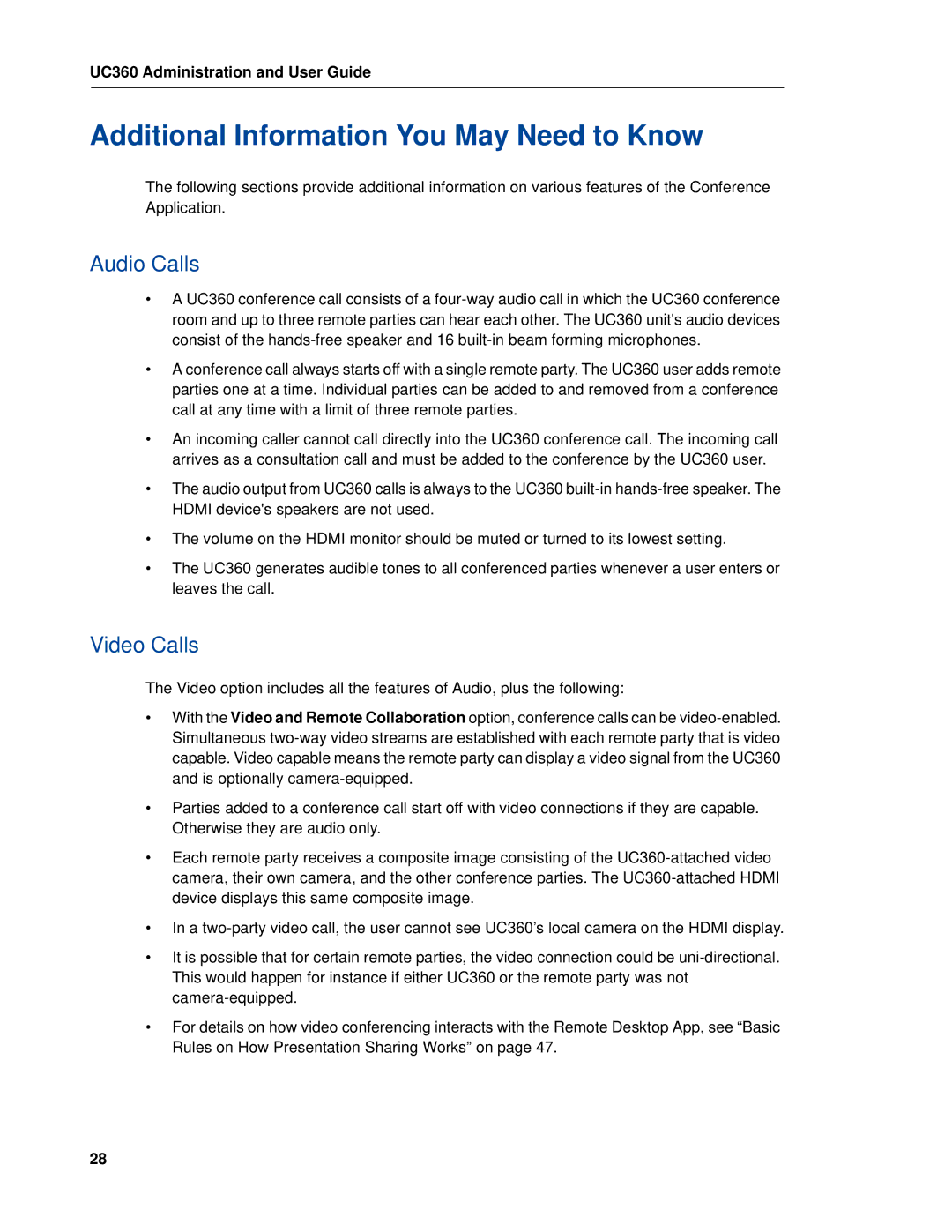 Mitel UC360 manual Additional Information You May Need to Know, Audio Calls, Video Calls 