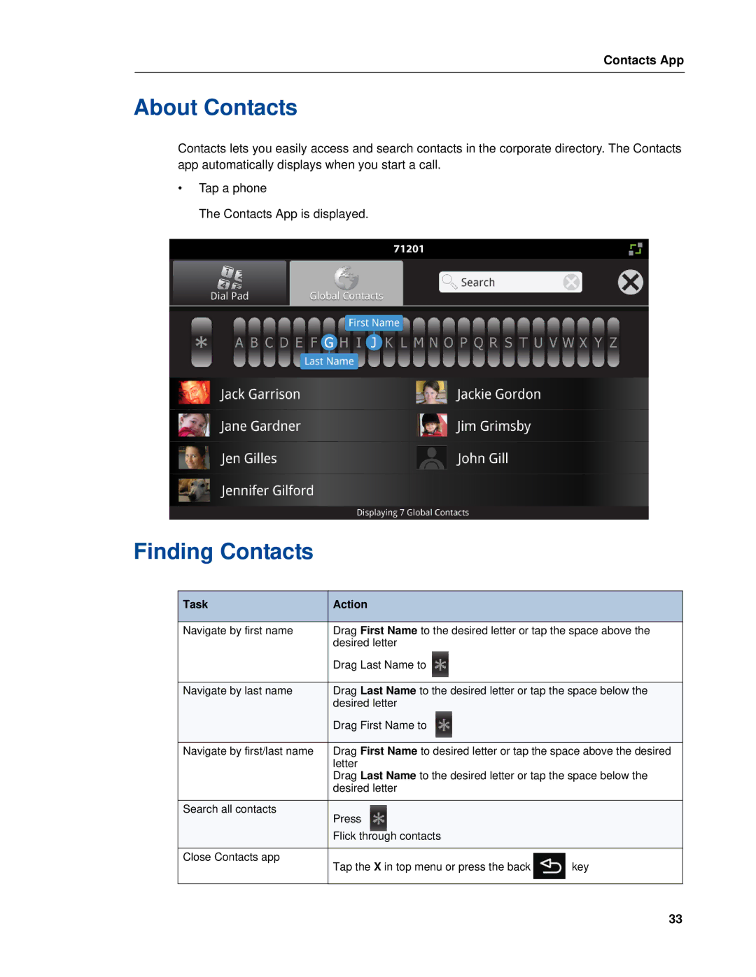 Mitel UC360 manual About Contacts, Finding Contacts 