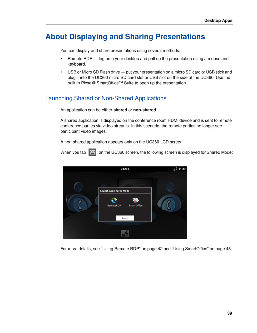 Mitel UC360 manual About Displaying and Sharing Presentations, Launching Shared or Non-Shared Applications 