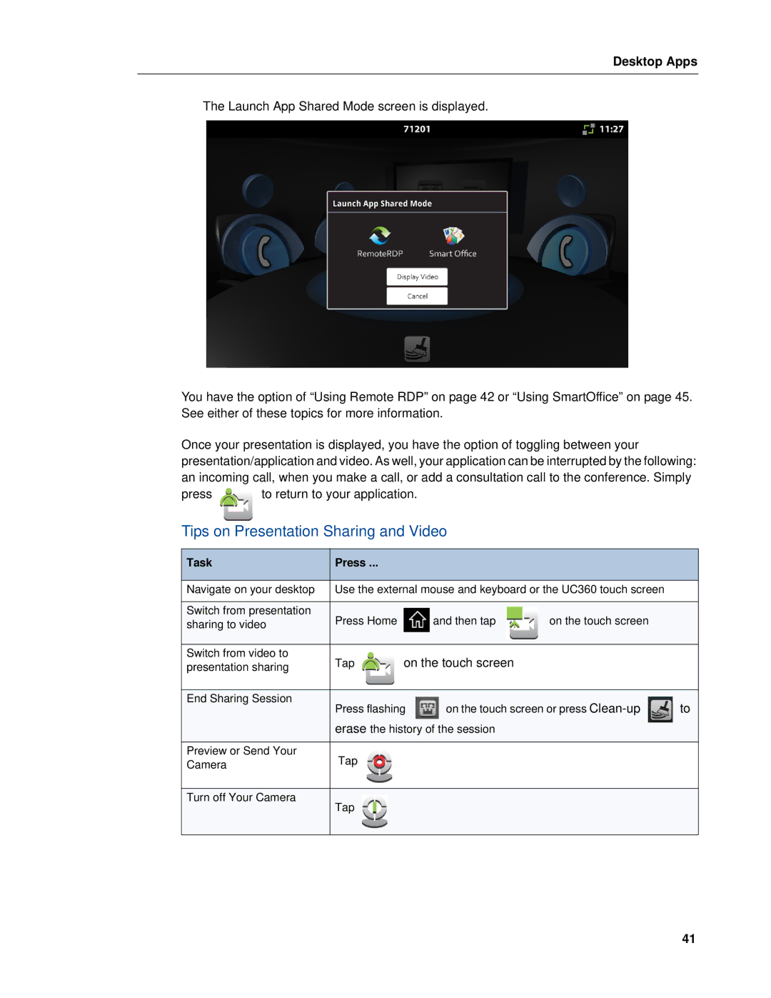 Mitel UC360 manual Tips on Presentation Sharing and Video, Task Press 