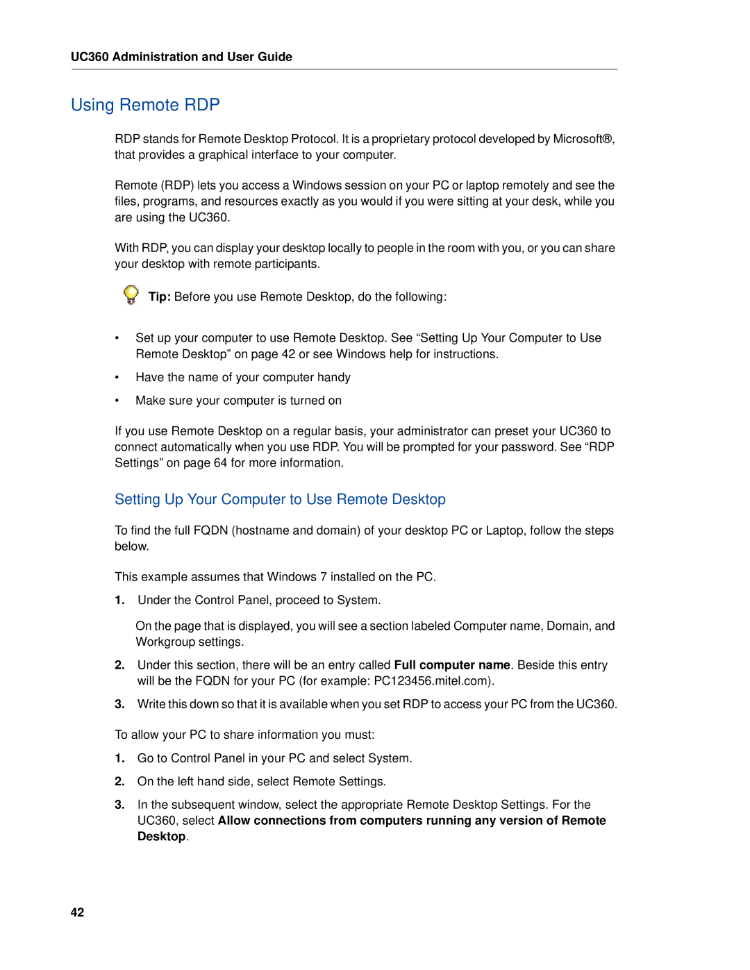 Mitel UC360 manual Using Remote RDP, Setting Up Your Computer to Use Remote Desktop 