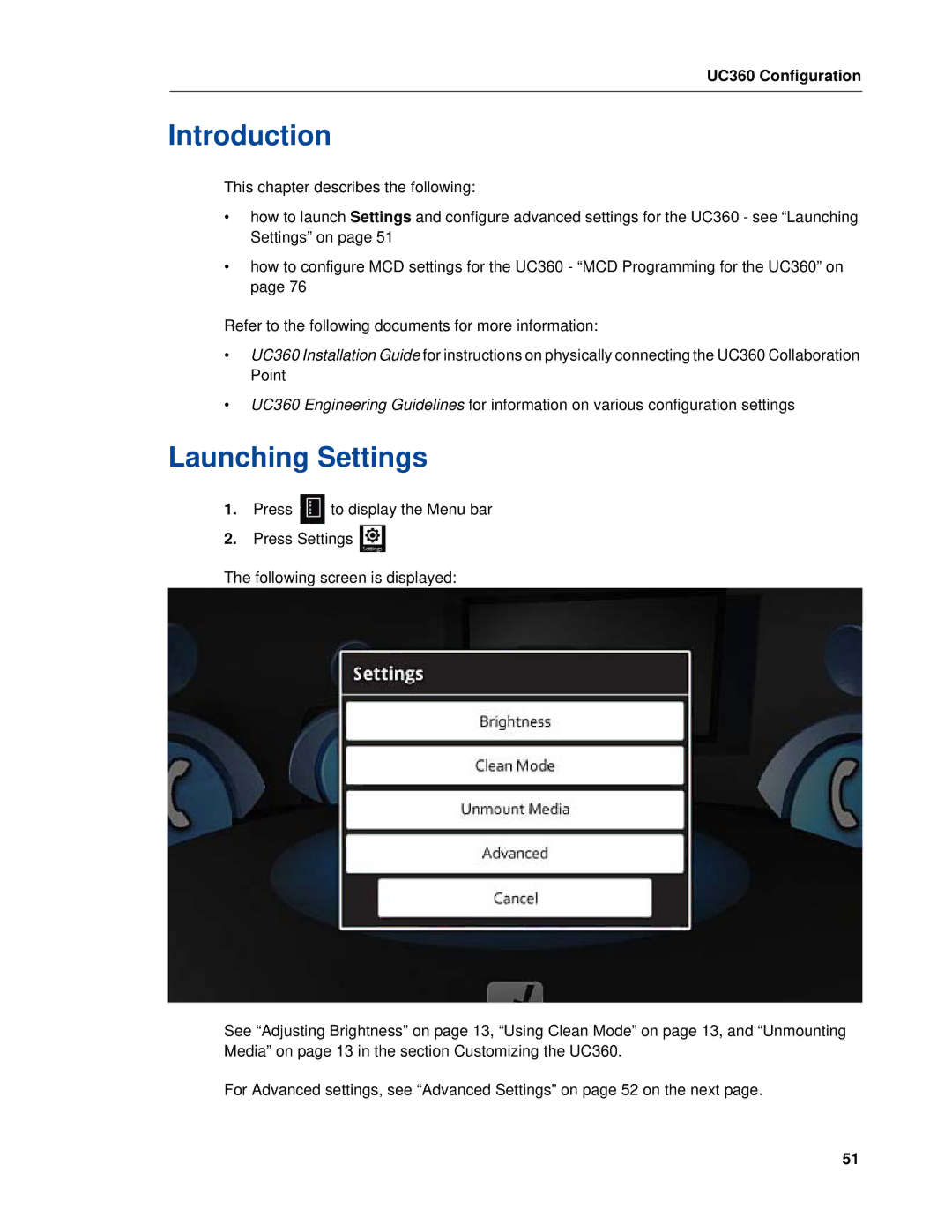 Mitel UC360 manual Introduction, Launching Settings 