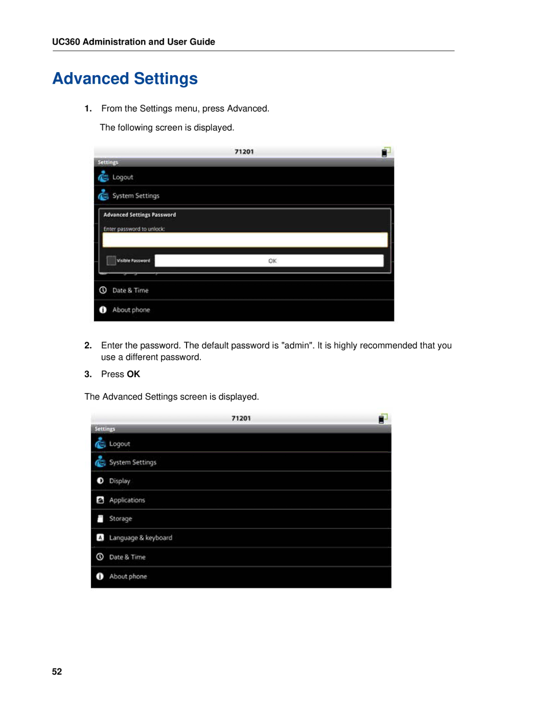 Mitel UC360 manual Advanced Settings 