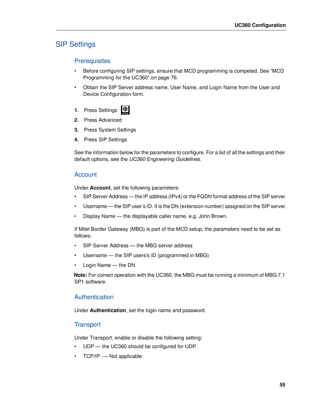 Mitel UC360 manual SIP Settings, Prerequisites, Account, Authentication, Transport 