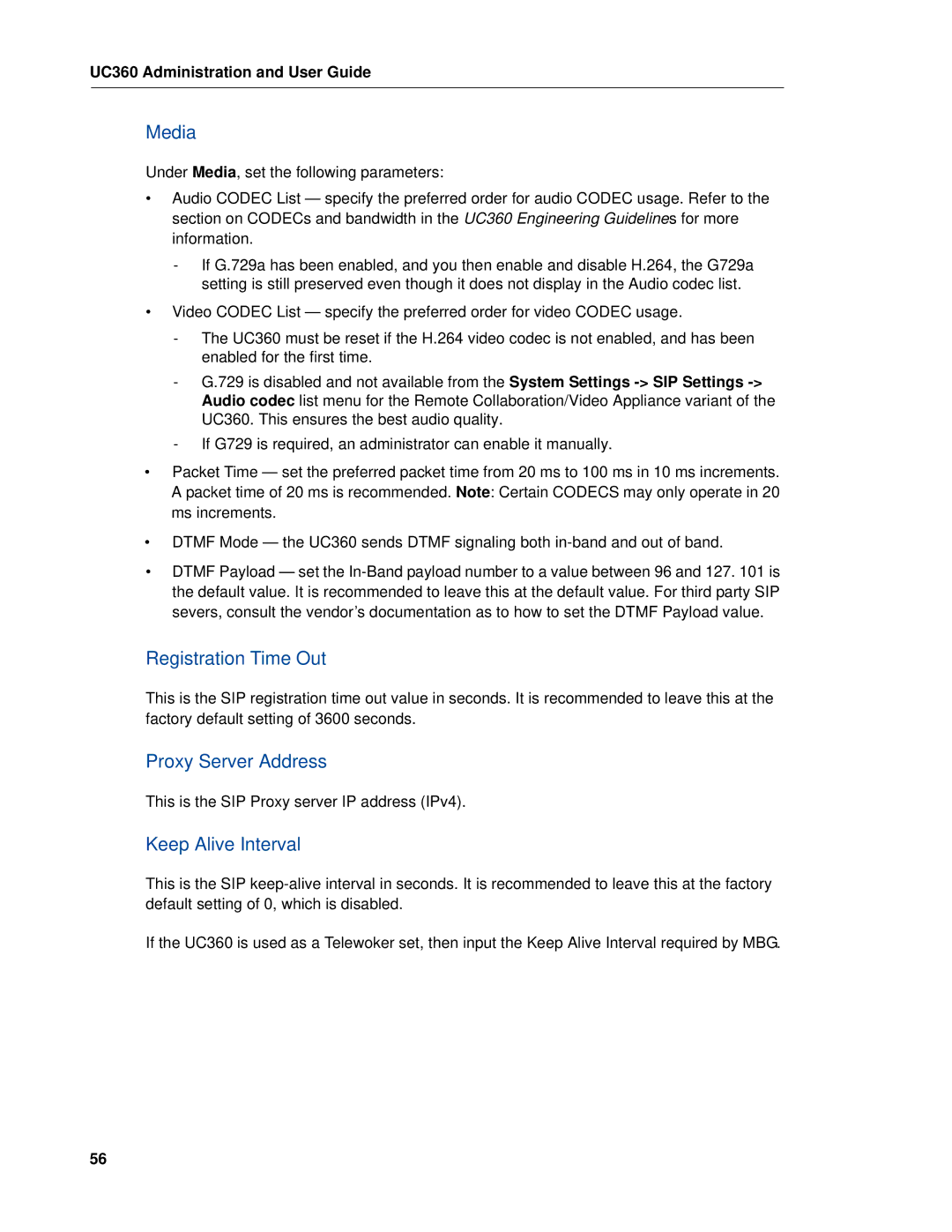 Mitel UC360 manual Media, Registration Time Out, Proxy Server Address, Keep Alive Interval 