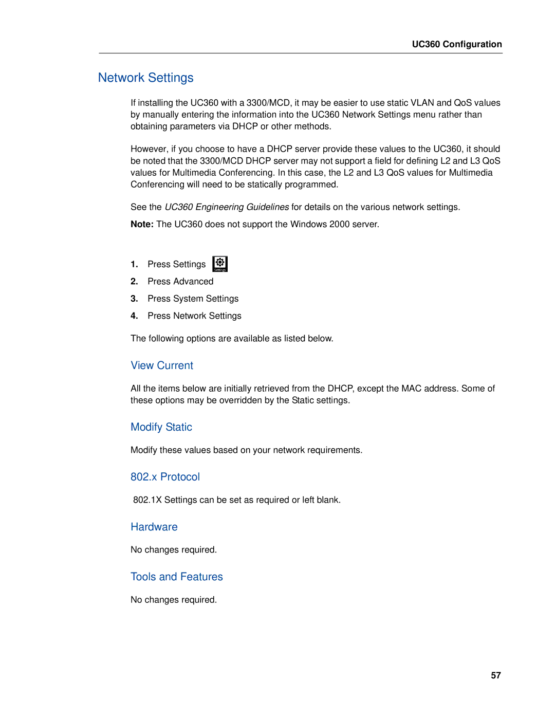 Mitel UC360 manual Network Settings 