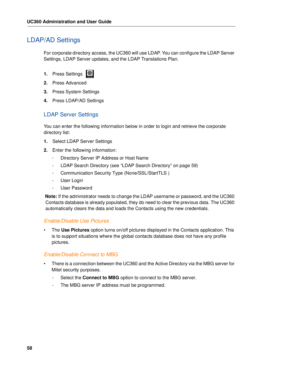 Mitel UC360 manual LDAP/AD Settings, Ldap Server Settings, Enable/Disable Use Pictures, Enable/Disable Connect to MBG 