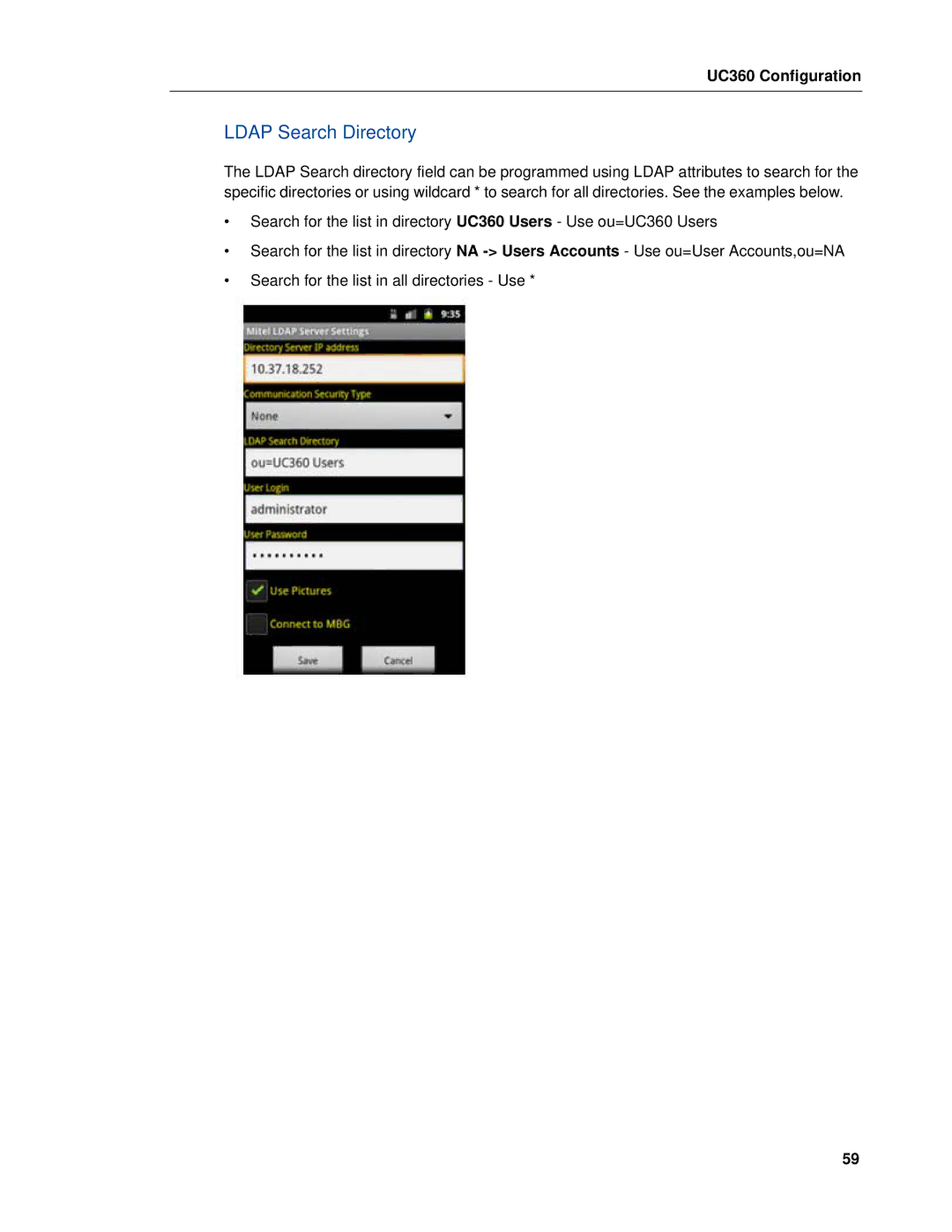 Mitel UC360 manual Ldap Search Directory 