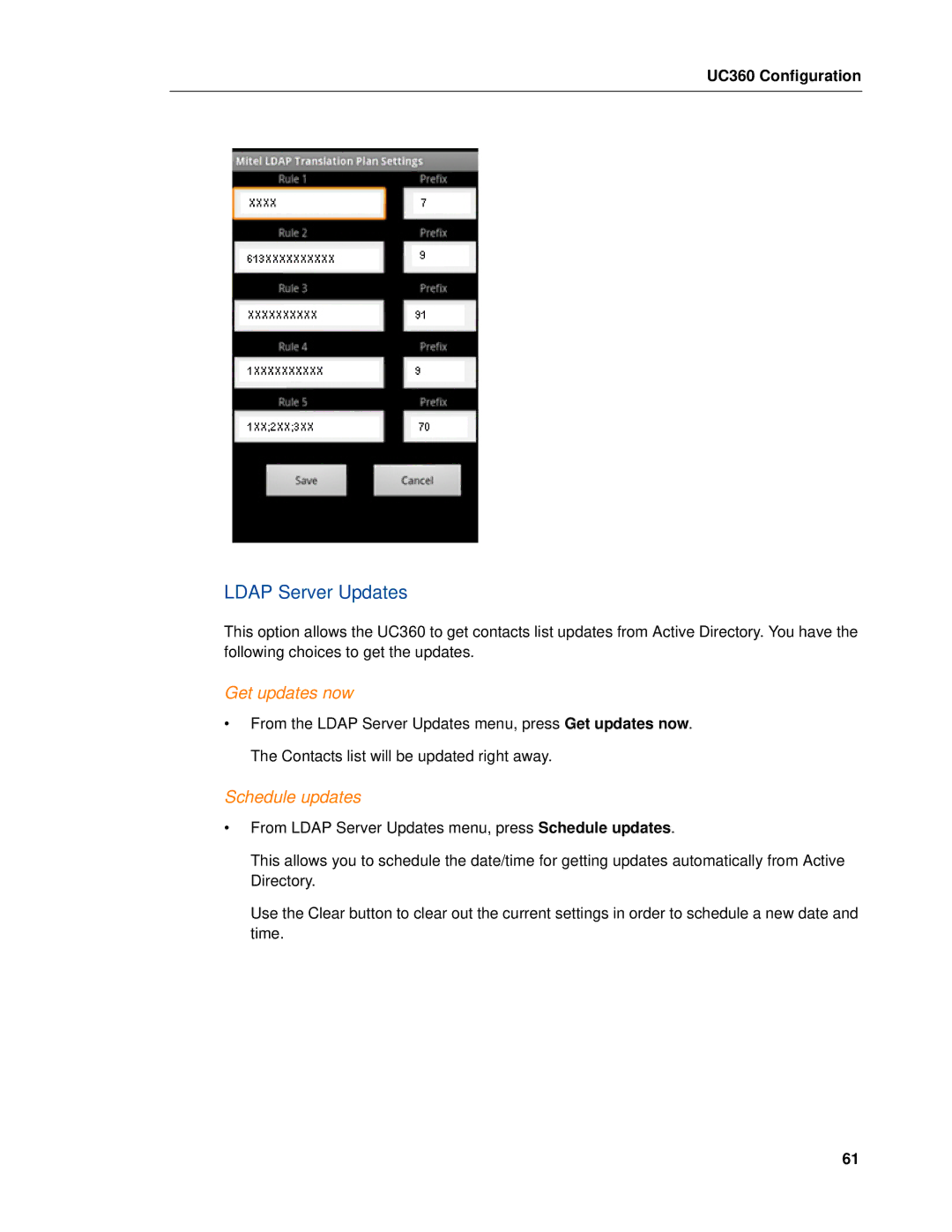 Mitel UC360 manual Ldap Server Updates, Get updates now, Schedule updates 