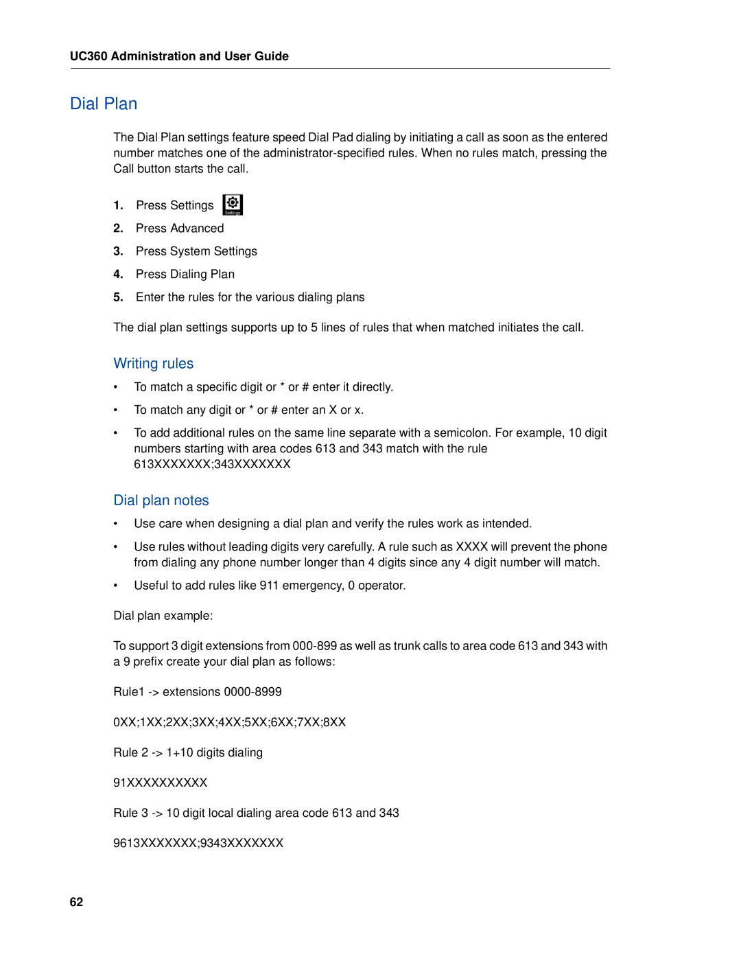 Mitel UC360 manual Dial Plan, Writing rules, Dial plan notes 