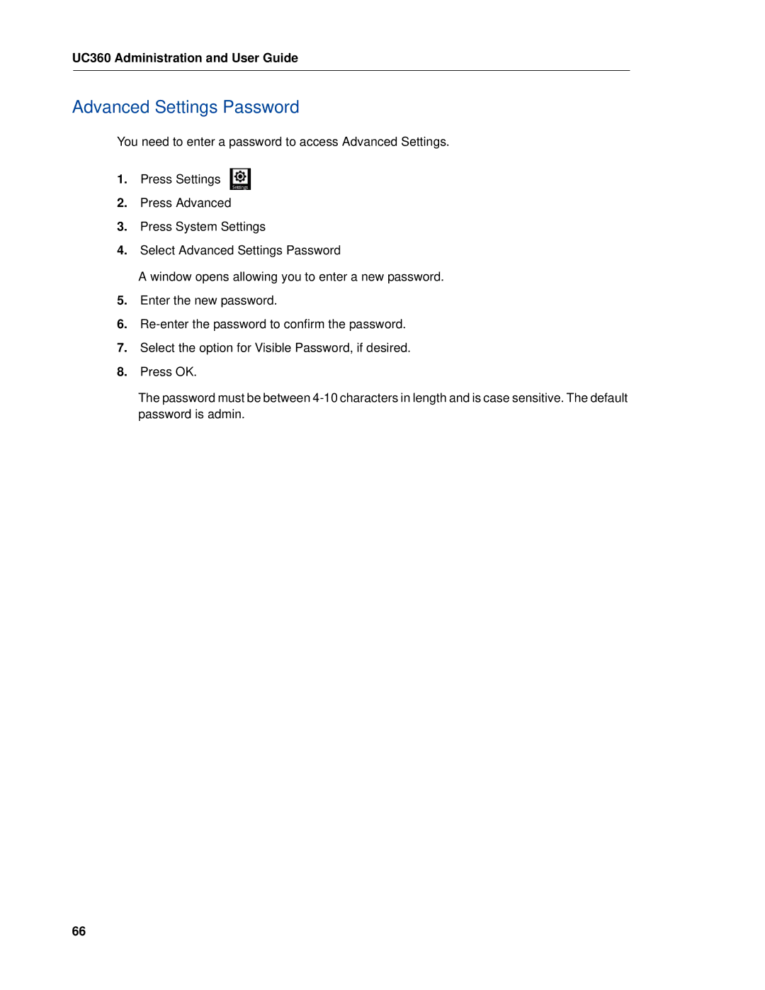 Mitel UC360 manual Advanced Settings Password 