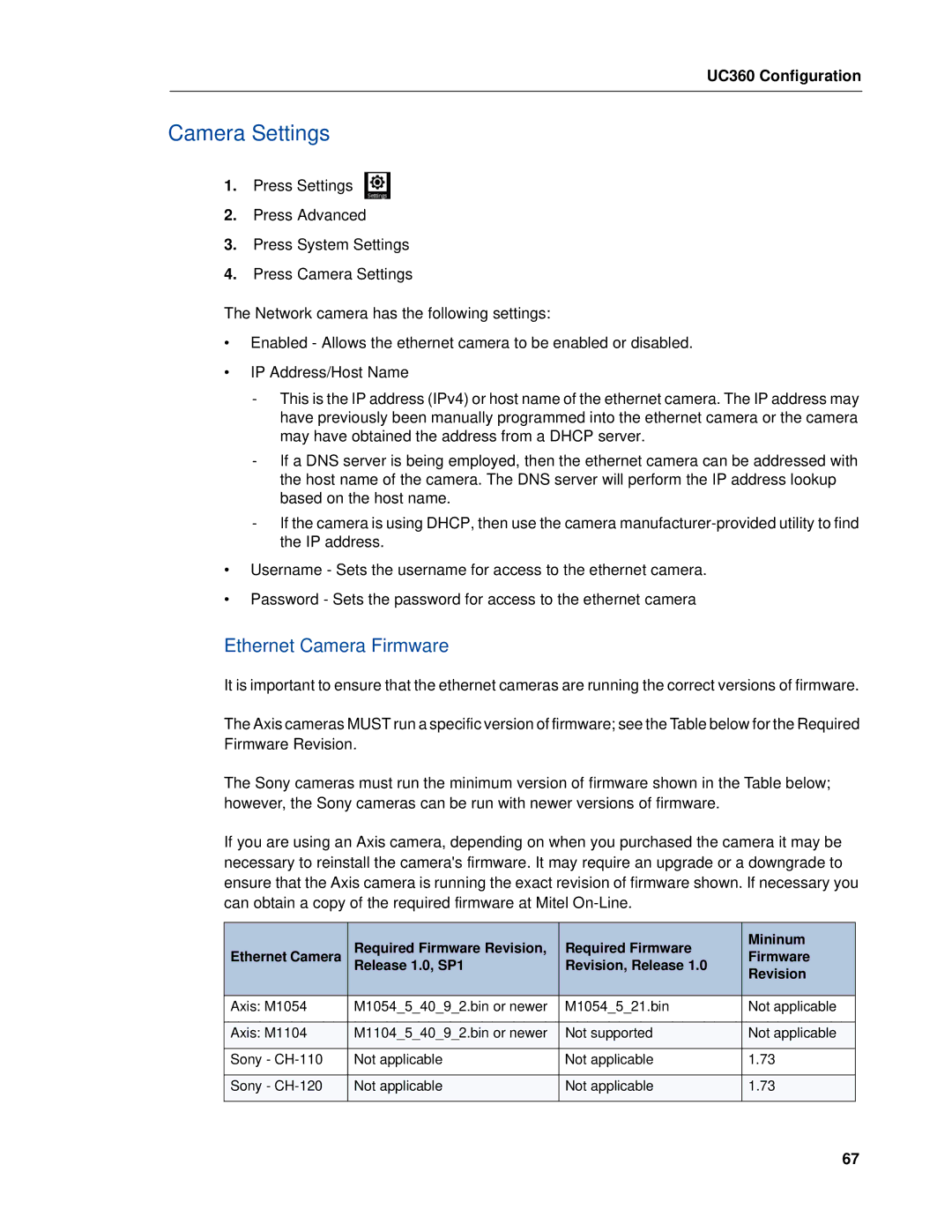 Mitel UC360 manual Camera Settings, Ethernet Camera Firmware 