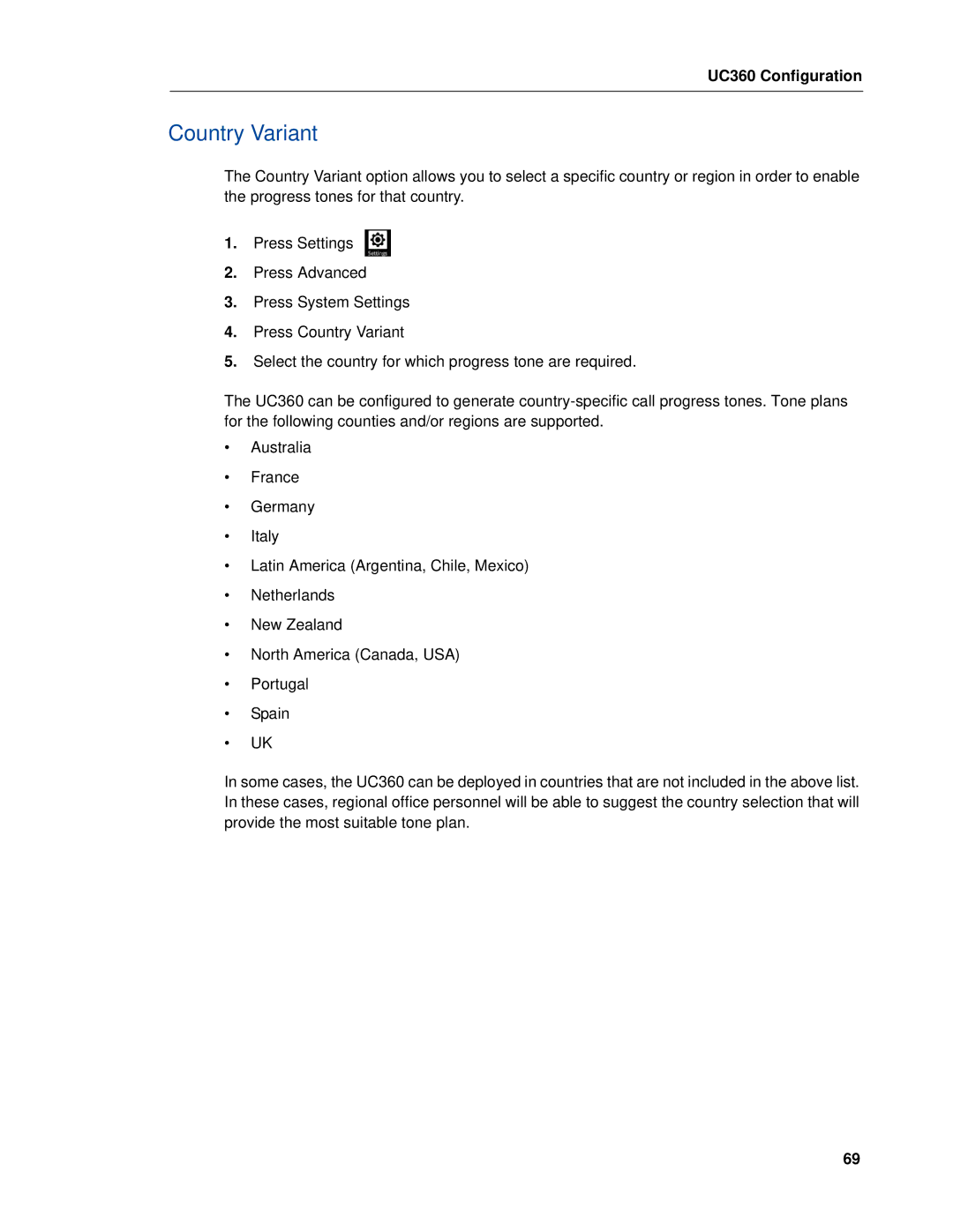 Mitel UC360 manual Country Variant 