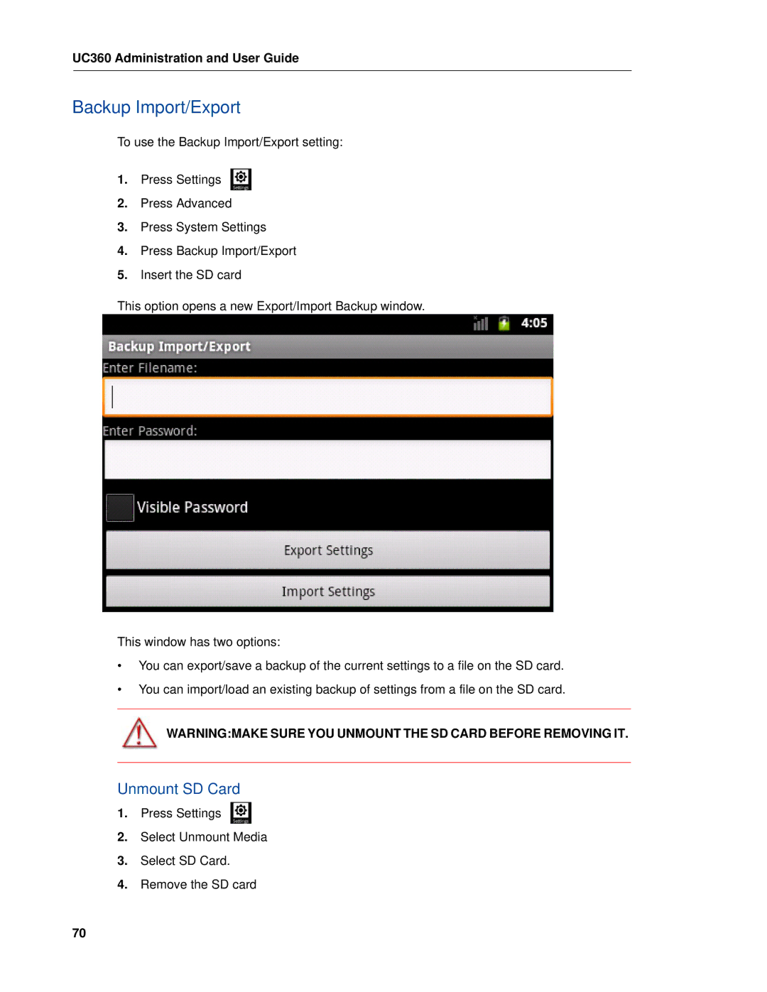 Mitel UC360 manual Backup Import/Export, Unmount SD Card 