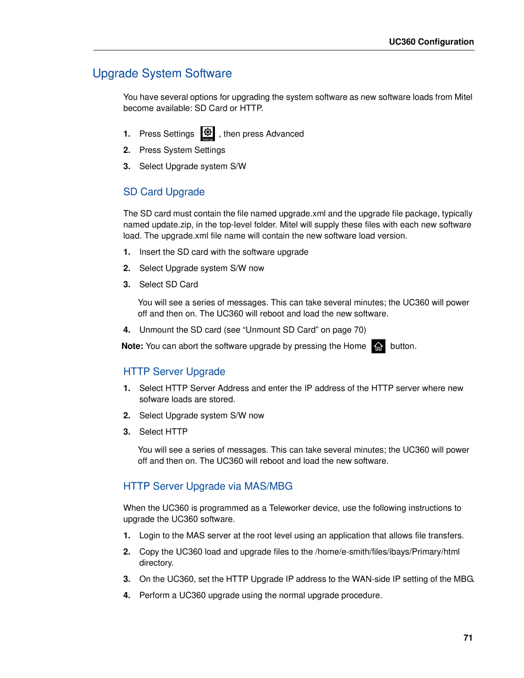 Mitel UC360 manual Upgrade System Software, SD Card Upgrade, Http Server Upgrade via MAS/MBG 