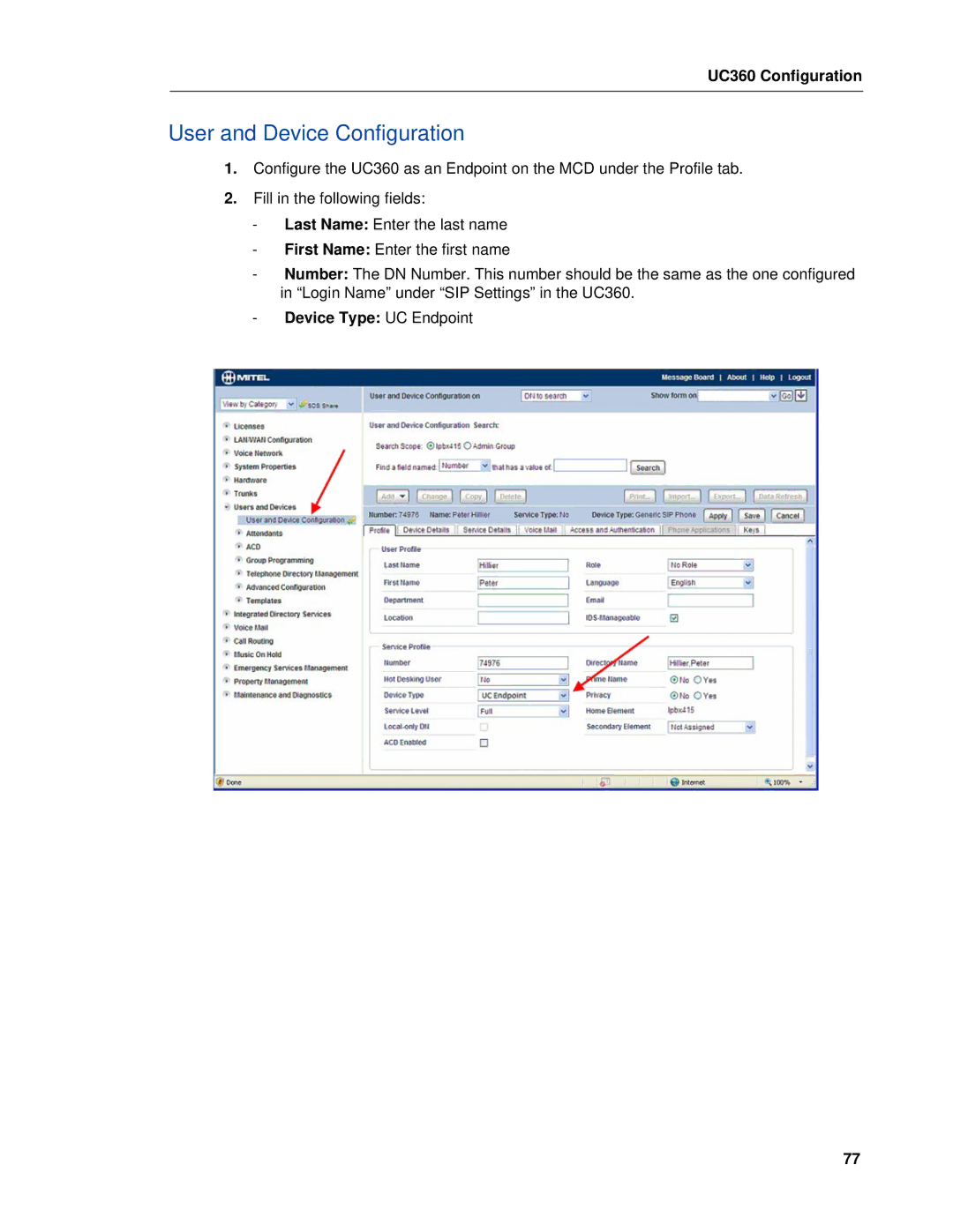 Mitel UC360 manual User and Device Configuration 