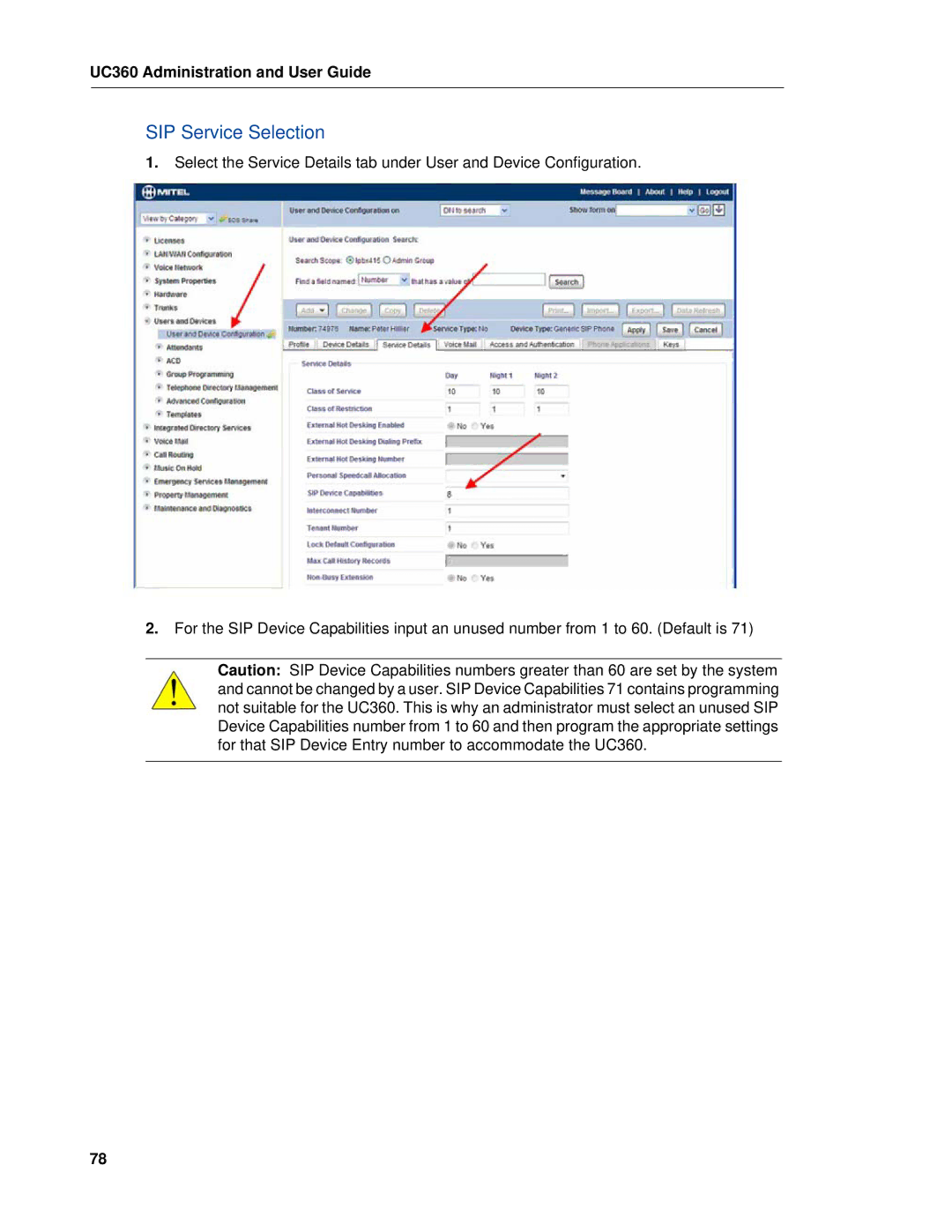 Mitel UC360 manual SIP Service Selection 