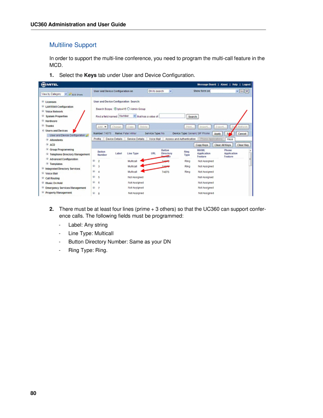 Mitel UC360 manual Multiline Support 