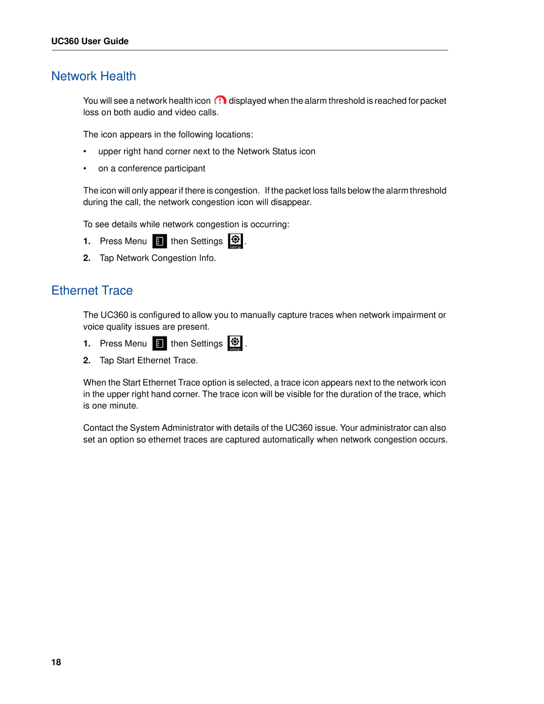 Mitel UC360 manual Network Health, Ethernet Trace 