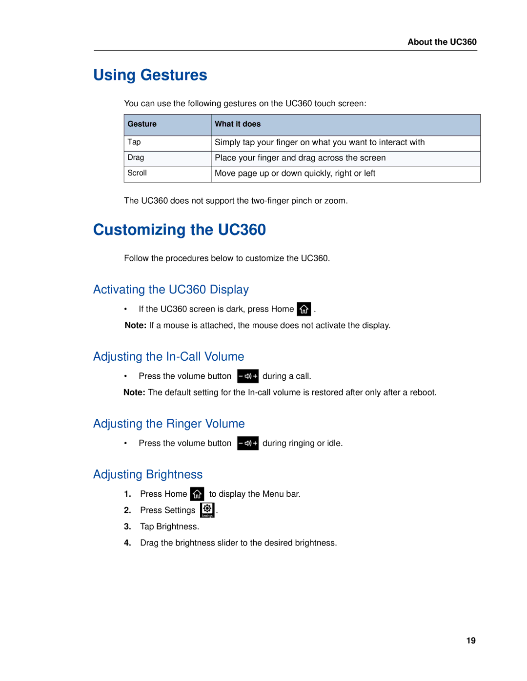 Mitel manual Using Gestures, Customizing the UC360 