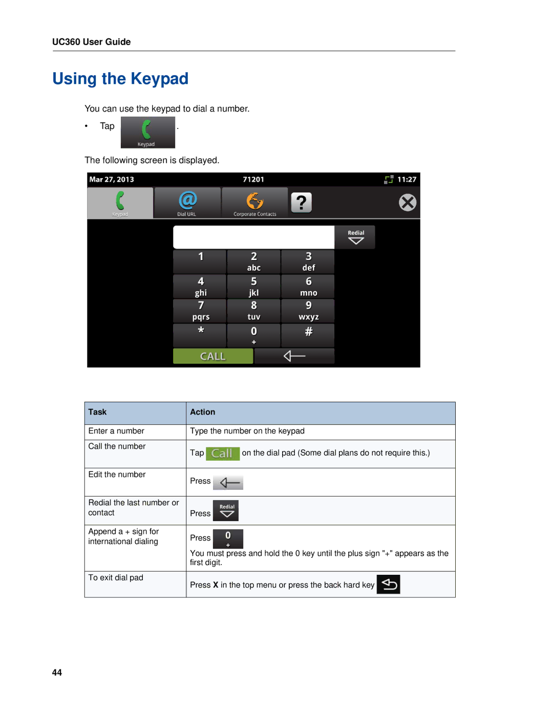 Mitel UC360 manual Using the Keypad 