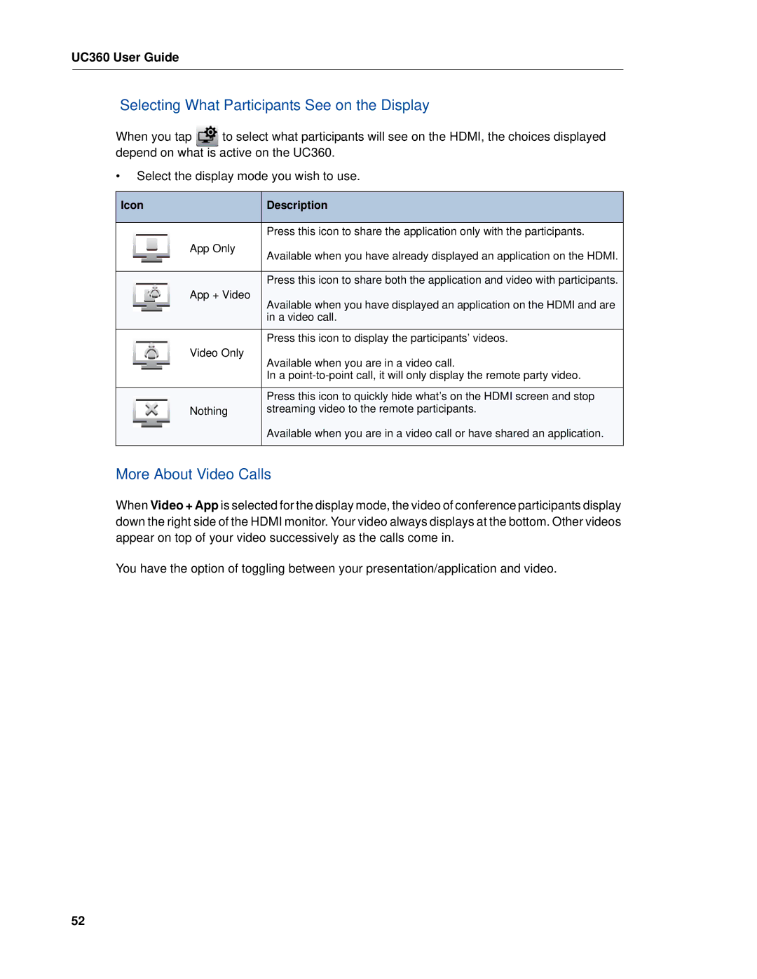 Mitel UC360 manual Selecting What Participants See on the Display, More About Video Calls 