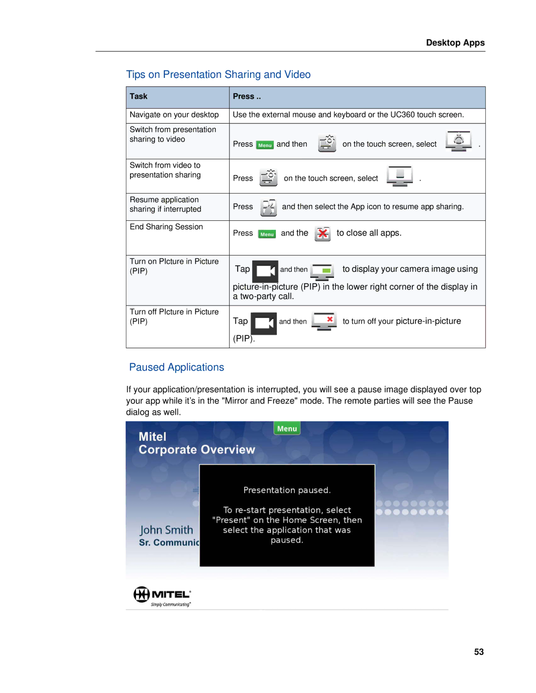 Mitel UC360 manual Tips on Presentation Sharing and Video, Paused Applications 