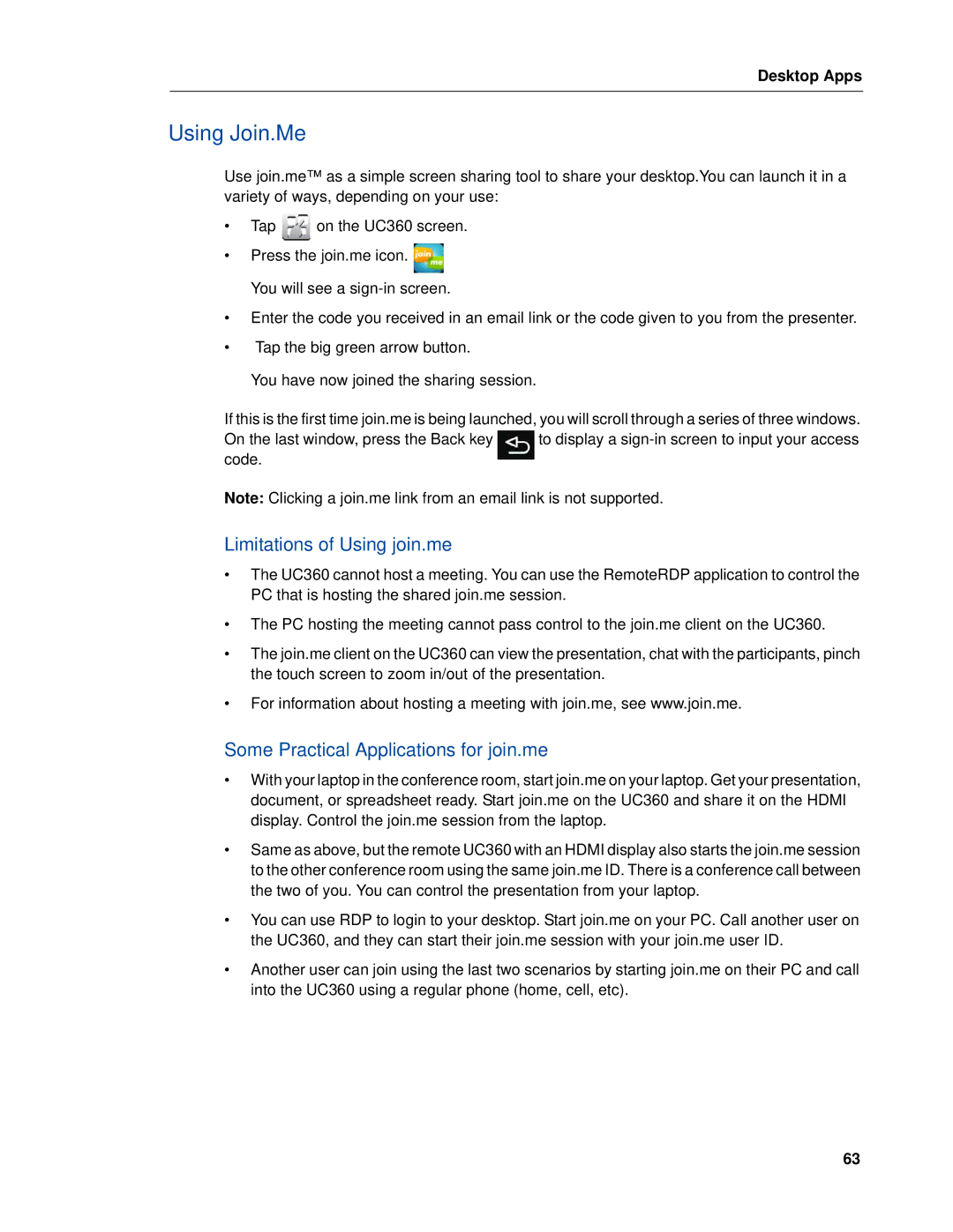 Mitel UC360 manual Using Join.Me, Limitations of Using join.me, Some Practical Applications for join.me 