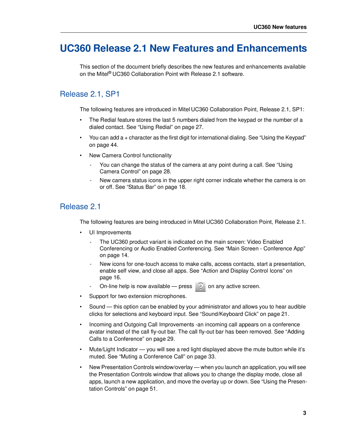 Mitel manual UC360 Release 2.1 New Features and Enhancements, Release 2.1, SP1 