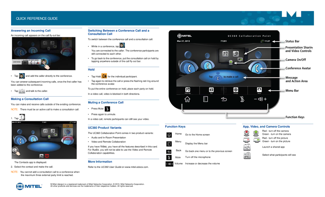 Mitel Answering an Incoming Call, Making a Consultation Call, Hold, Muting a Conference Call, UC360 Product Variants 