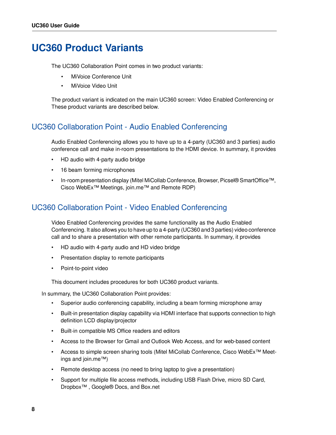 Mitel manual UC360 Product Variants, UC360 Collaboration Point Audio Enabled Conferencing 