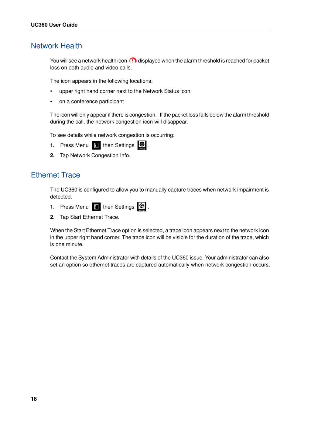 Mitel UC360 manual Network Health, Ethernet Trace 