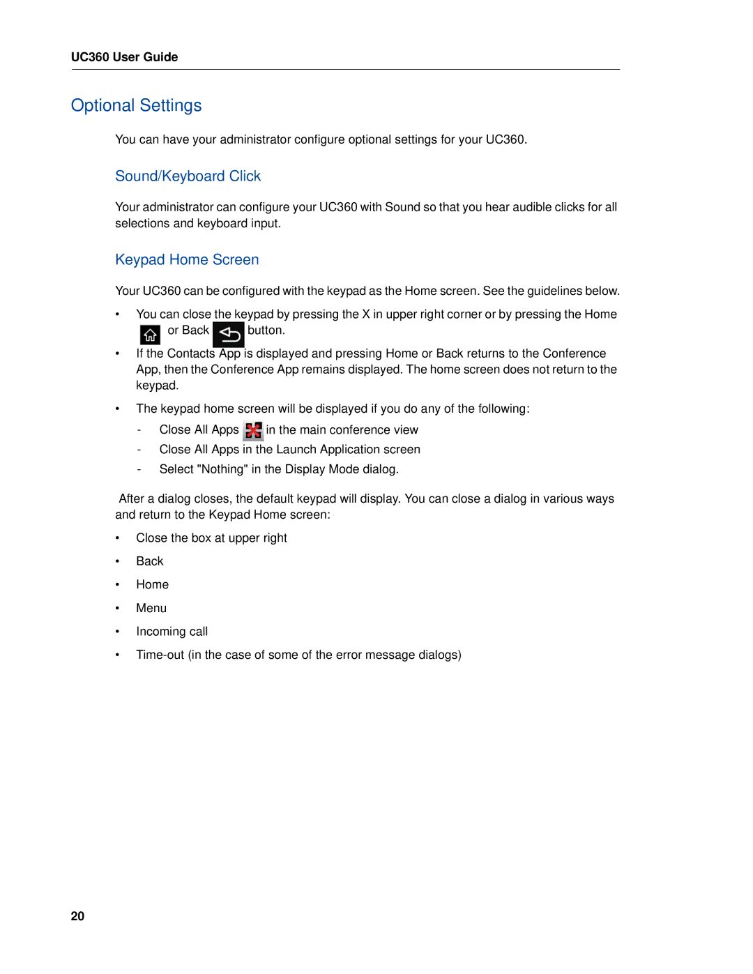 Mitel UC360 manual Optional Settings, Sound/Keyboard Click, Keypad Home Screen 