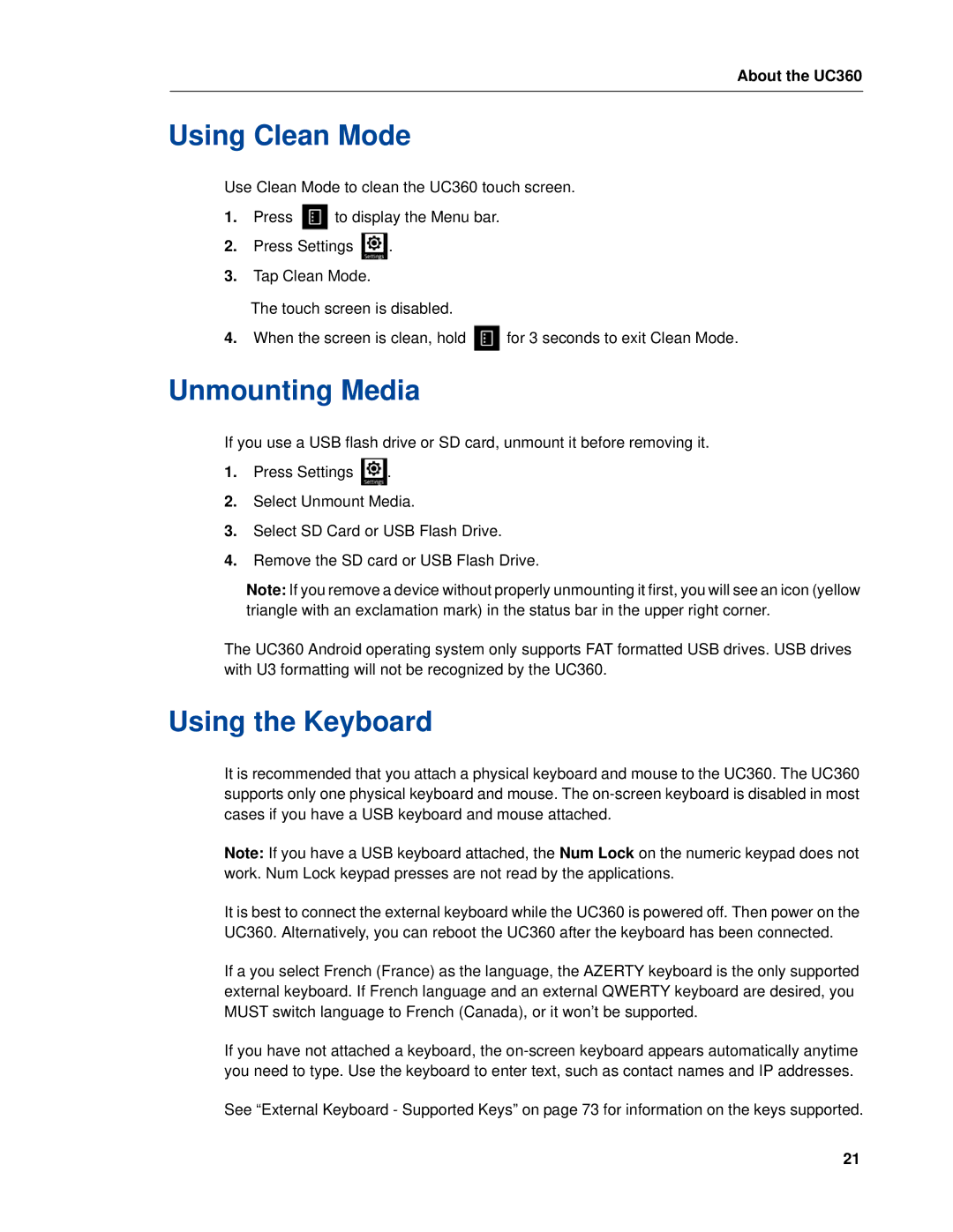 Mitel UC360 manual Using Clean Mode, Unmounting Media, Using the Keyboard 