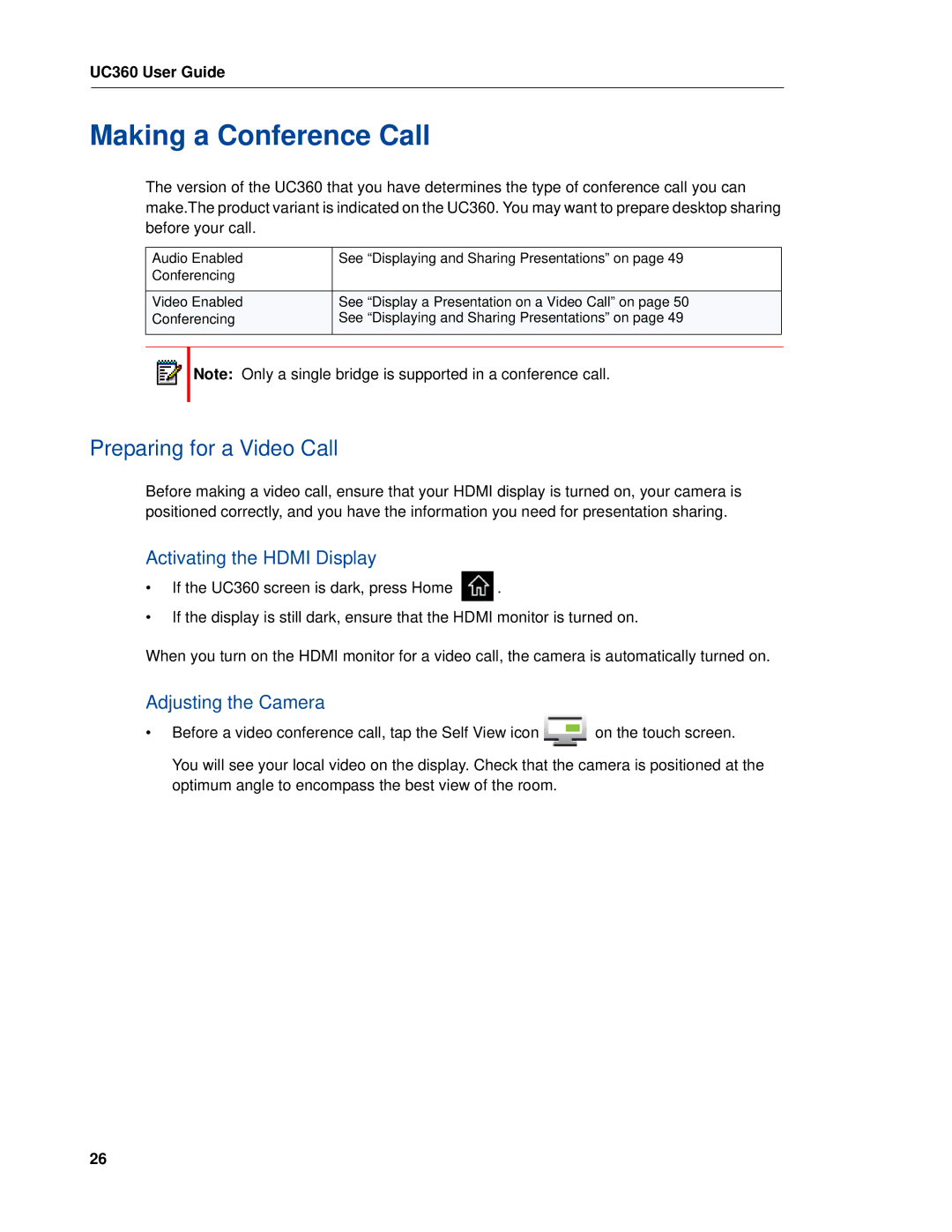 Mitel UC360 manual Making a Conference Call, Preparing for a Video Call, Activating the Hdmi Display, Adjusting the Camera 