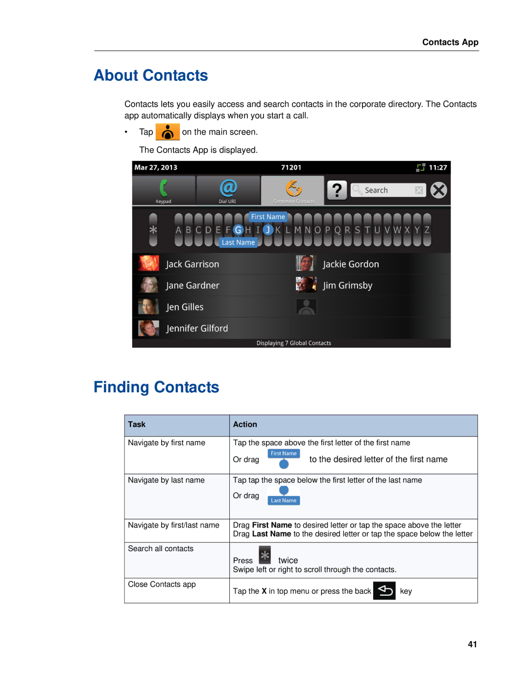 Mitel UC360 manual About Contacts, Finding Contacts 