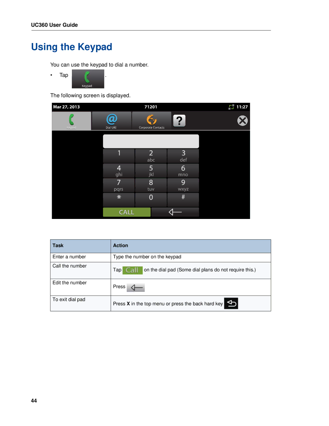 Mitel UC360 manual Using the Keypad 