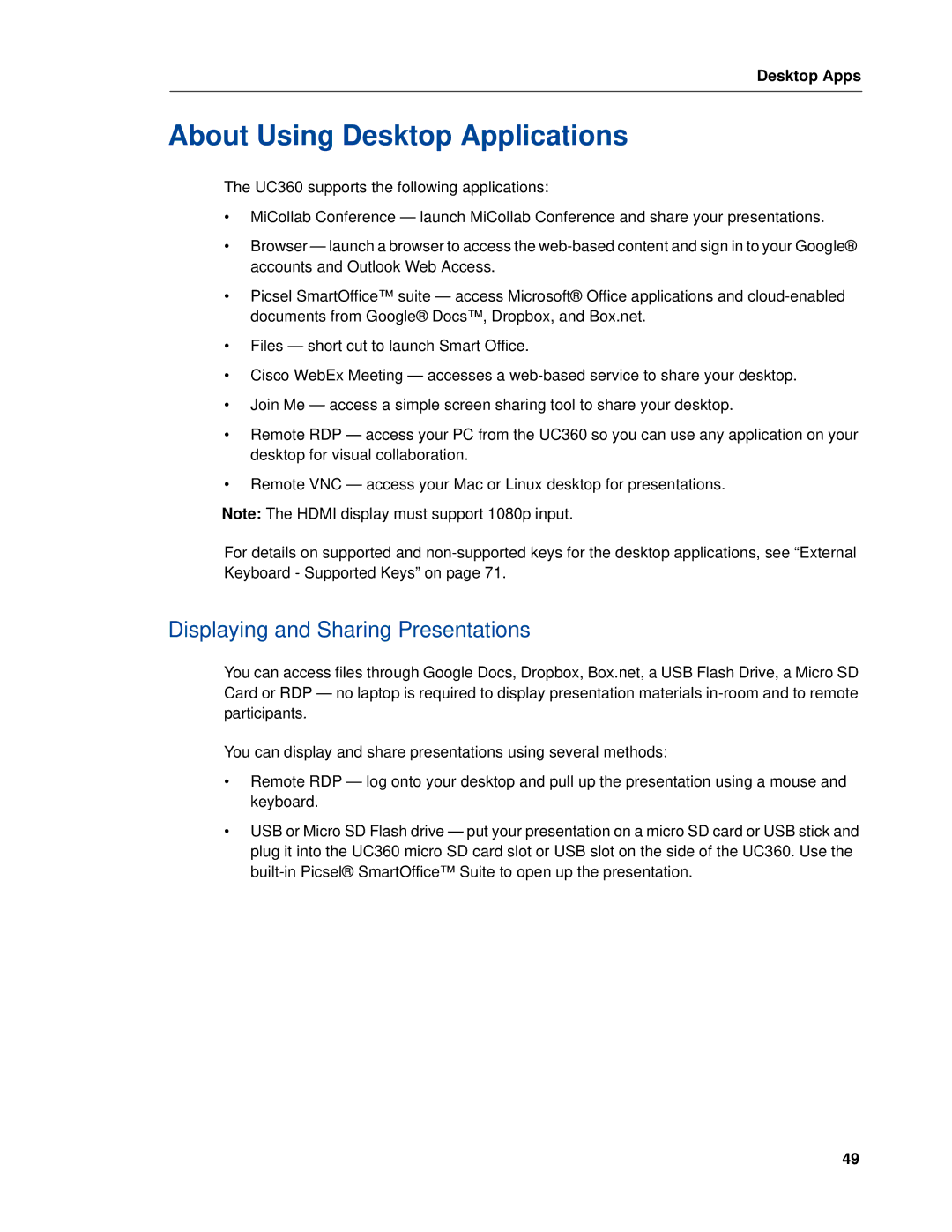 Mitel UC360 manual About Using Desktop Applications, Displaying and Sharing Presentations 