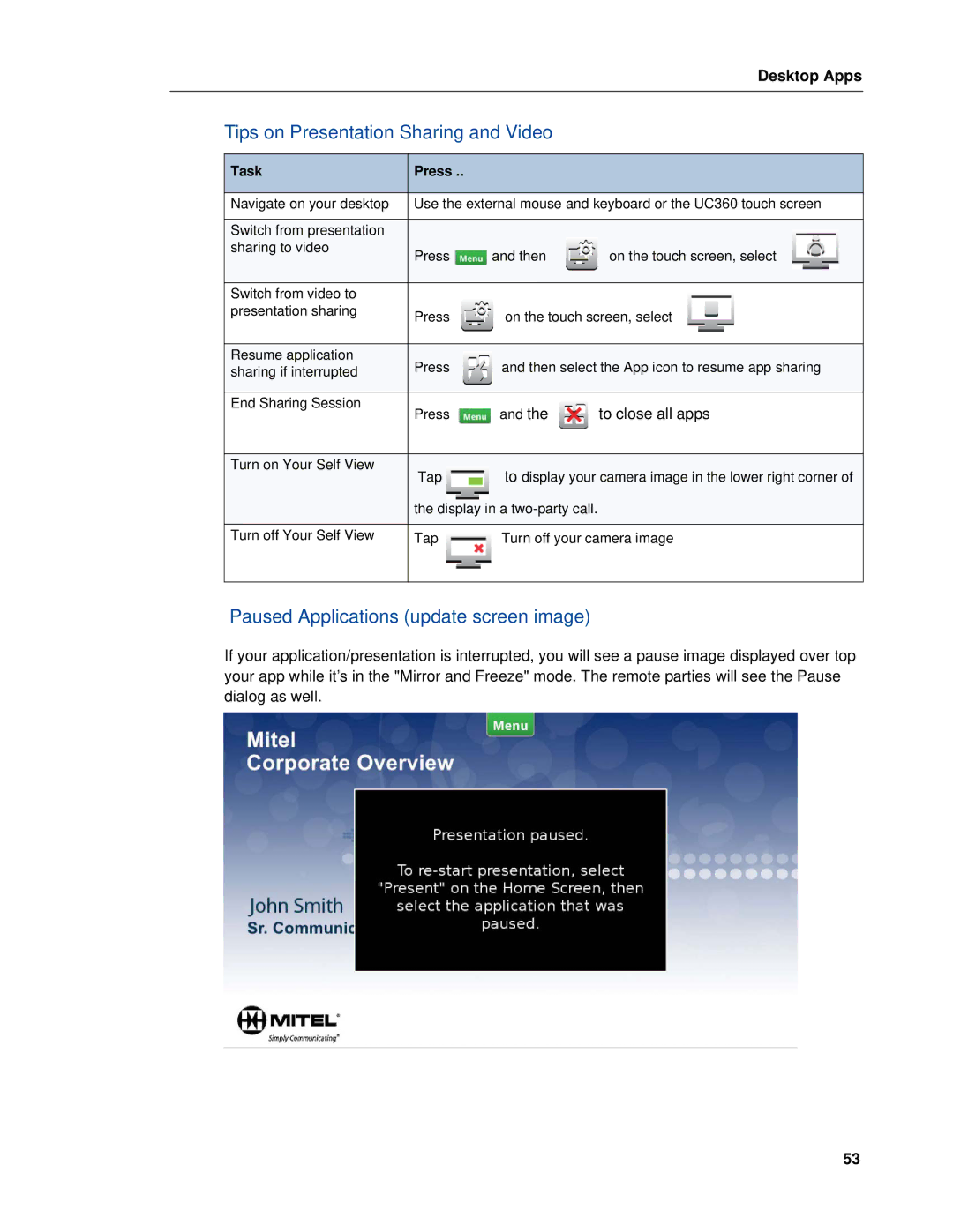 Mitel UC360 manual Tips on Presentation Sharing and Video, Paused Applications update screen image 