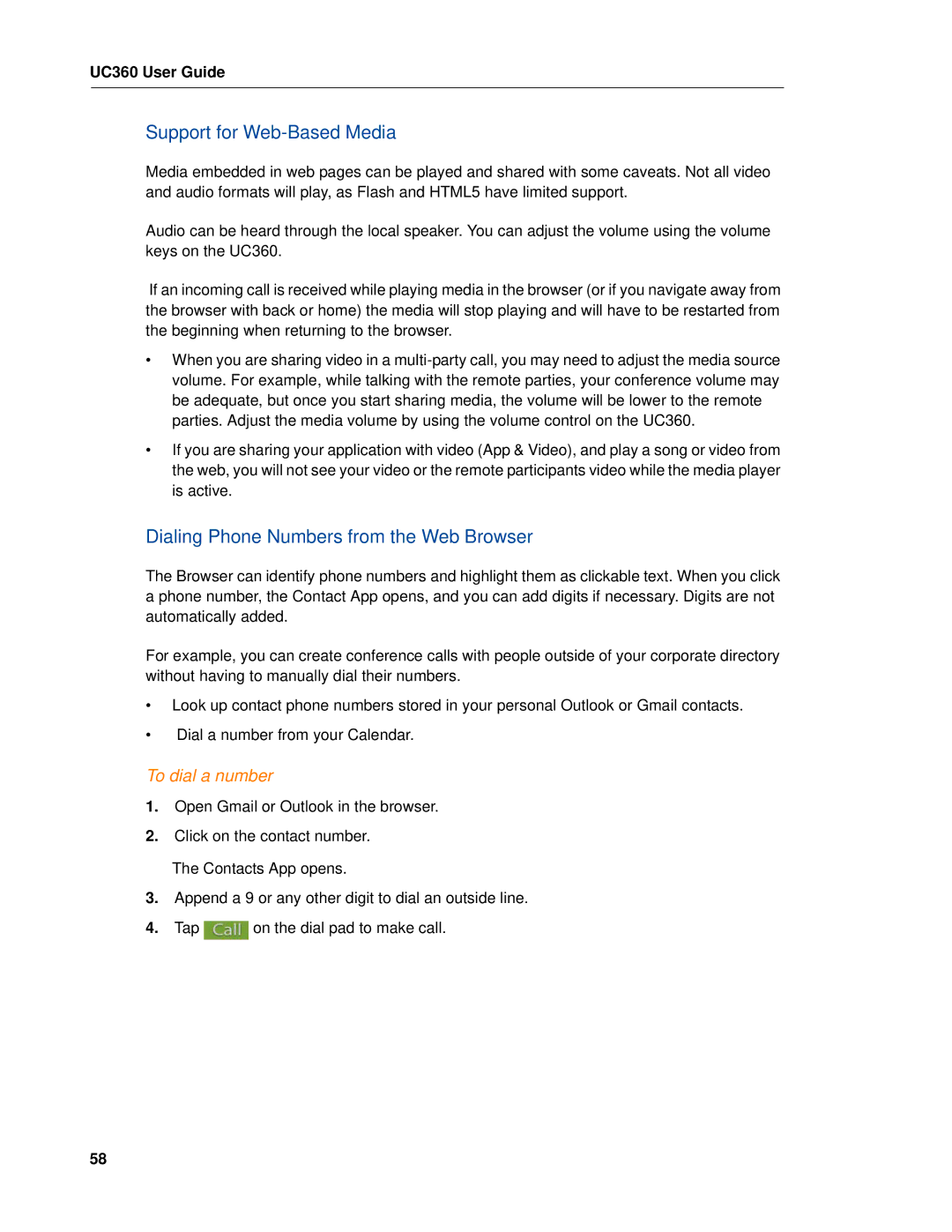 Mitel UC360 manual Support for Web-Based Media, Dialing Phone Numbers from the Web Browser 
