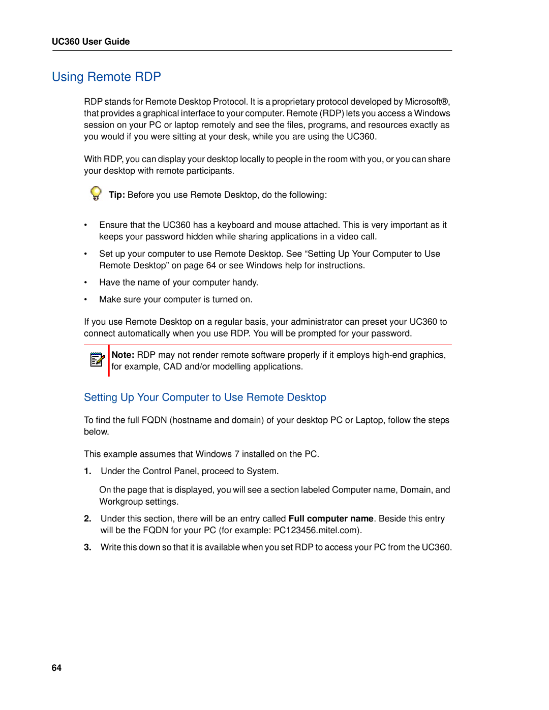 Mitel UC360 manual Using Remote RDP, Setting Up Your Computer to Use Remote Desktop 