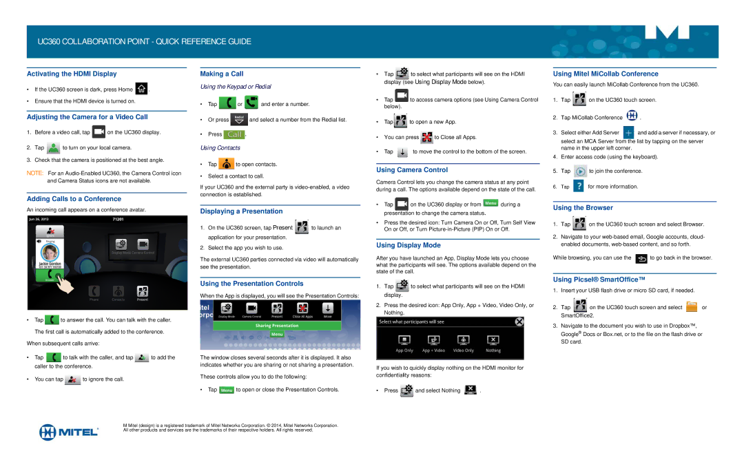 Mitel UC360 manual Activating the Hdmi Display, Adjusting the Camera for a Video Call, Adding Calls to a Conference 