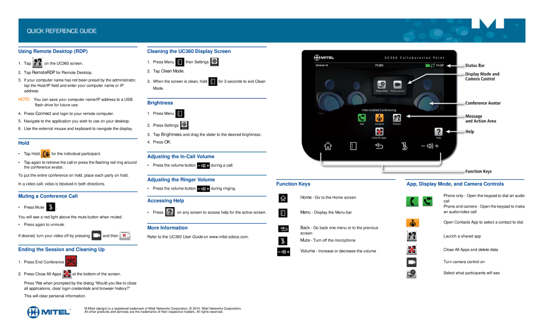 Mitel UC360 manual Using Remote Desktop RDP, Hold, Muting a Conference Call, Ending the Session and Cleaning Up, Brightness 