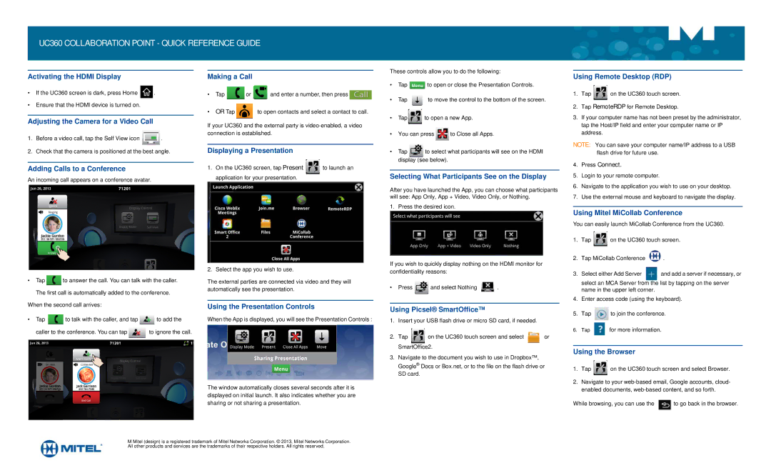 Mitel UC360 manual Activating the Hdmi Display, Adjusting the Camera for a Video Call, Adding Calls to a Conference 